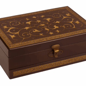 Ornate Vintage Wood Jewelry Box with Velvet Interior & Gold Detailing