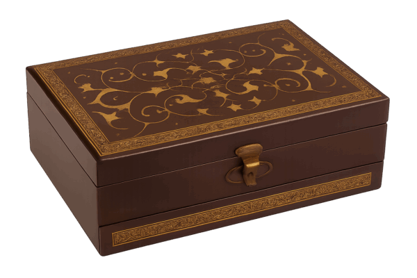 Ornate Vintage Wood Jewelry Box with Velvet Interior & Gold Detailing