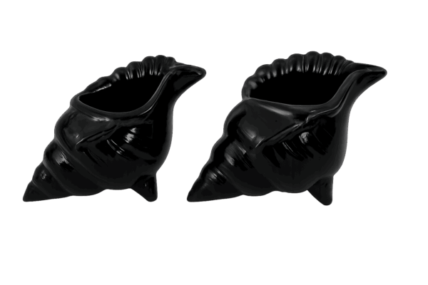 Glossy Black Ceramic Conch Shell Vessels – Set of 2