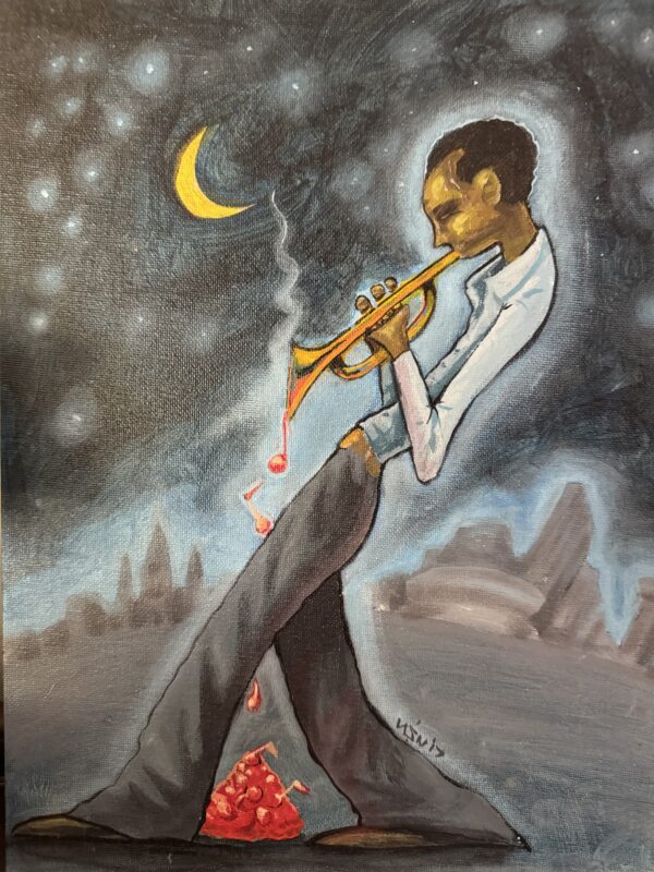 Moonlight Jazz – Original Painting of a Trumpeter in Midnight Reverie